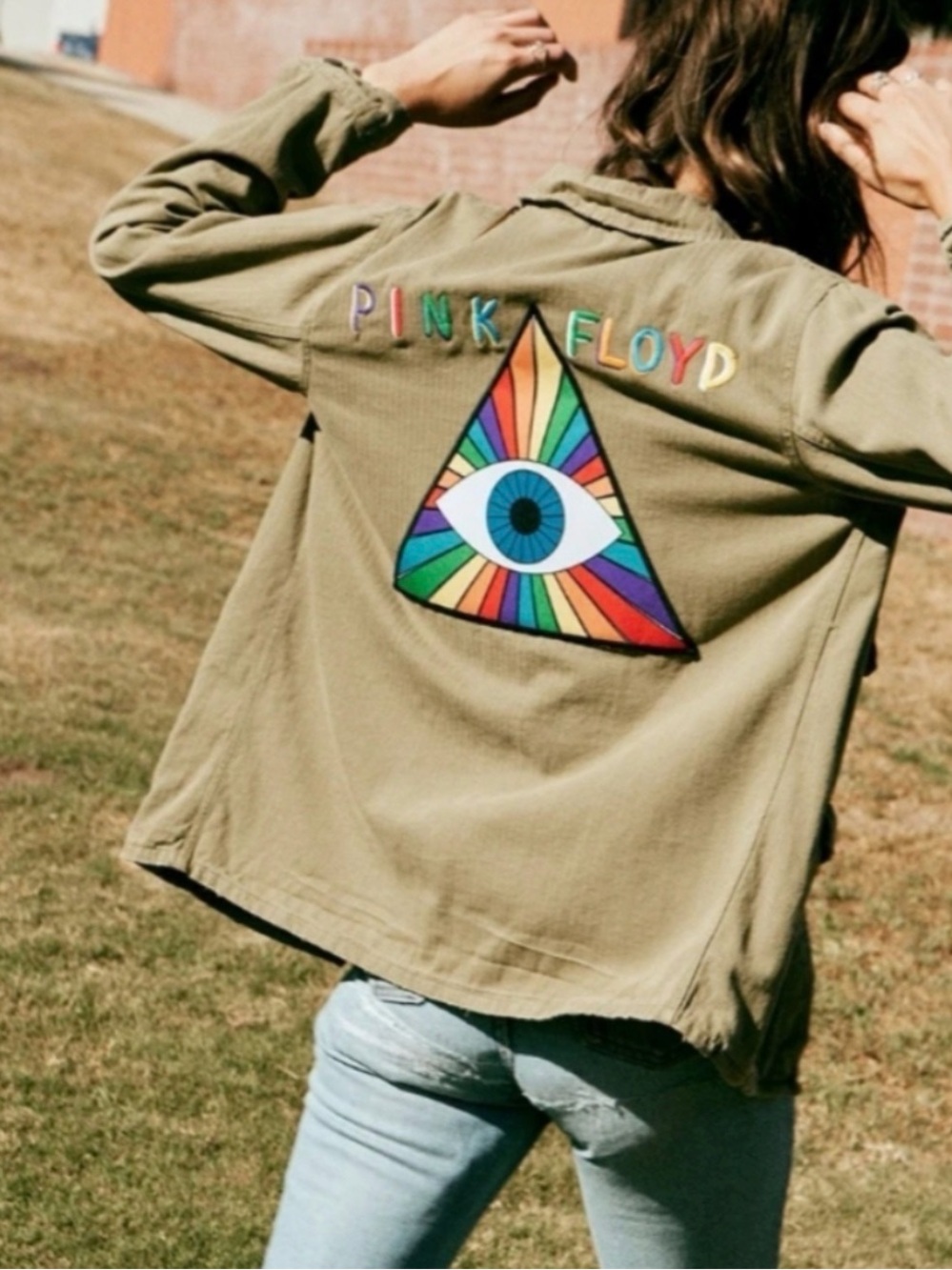 DAYDREAMER Pink Floyd Olive Green Jacket with Multicolor Prism Eye Patch